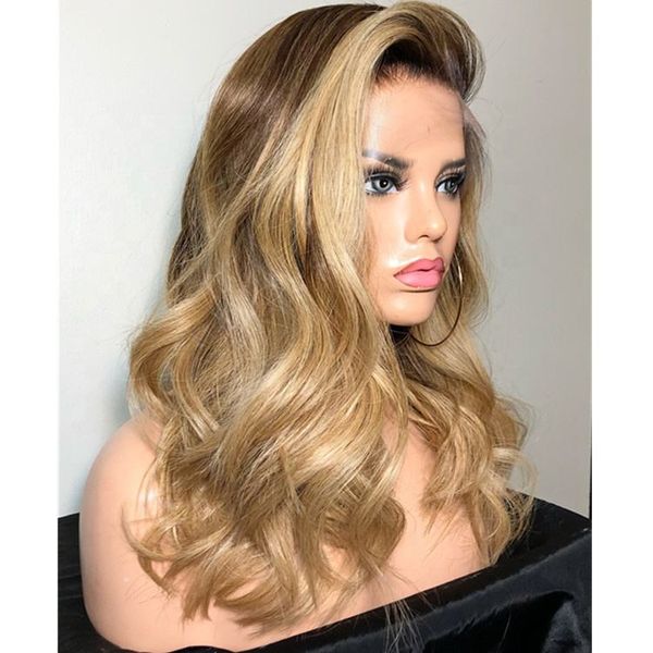 Cuir chevelu invisible faux ombre miel brun vague naturelle coiffure humaine chinoise13x6 perruques avant en dentelle 958 7