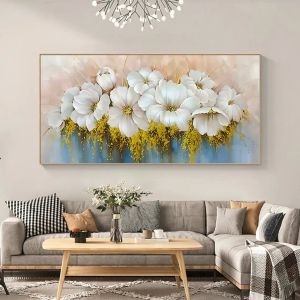 Art mural de luxe classique scandinave Grand peinture florale blanche Affiche de feuille d'or abstraite Impression de chambre à coucher décor de chambre à coucher