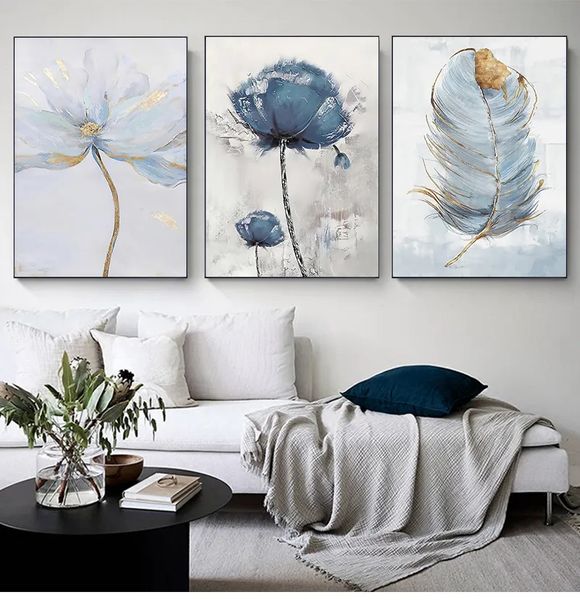 Toile d'art de fleur scandinave, peinture abstraite imprimée, décoration de plumes, image pour salon, décoration nordique pour la maison, affiche murale L01