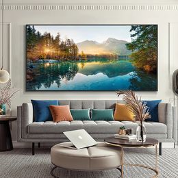 Toile de peinture de paysage naturel scandinave, affiche d'art mural de coucher de soleil de lac de montagne et impression d'image nordique, décoration de maison moderne 231228
