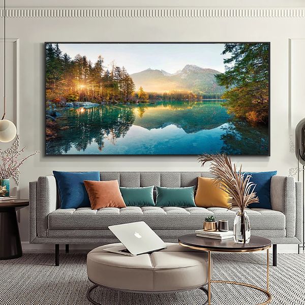 Naturaleza escandinava Paisaje Lienzo Pintura Montaña Lago Puesta de sol Arte de la pared Póster e impresión Imagen nórdica Decoración moderna para el hogar 231228