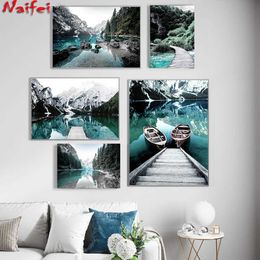 Scandinavische natuur landschap schilderij bergmeer boot muur kunst diamant borduurwerk schilderij moderne woonkamer decor