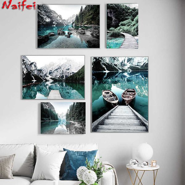 Pintura de paisaje natural escandinavo montaña lago barco pared arte diamante bordado pintura moderna decoración para sala de estar