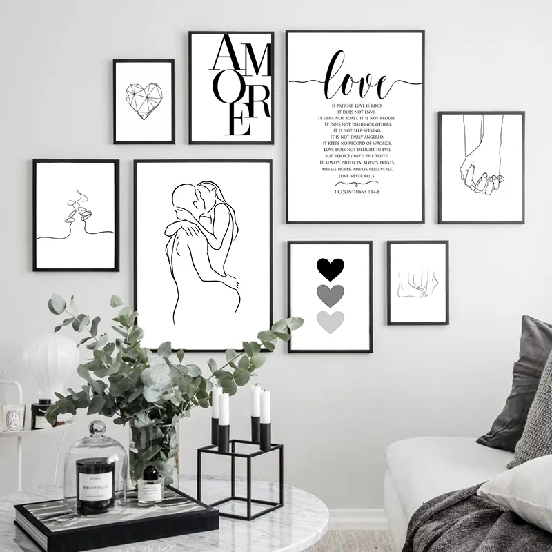 Stile scandinavo Poster d'amore Pittura su tela in bianco e nero Immagini a parete per soggiorno Decorazione nordica Home Art L01