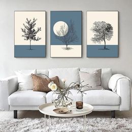 Scandinavische boom Canvas schilderen Maan Beige Blue Posters en prints Abstract Wall Decoratieve posters voor woonkamer Home Decor Art Picture WO6