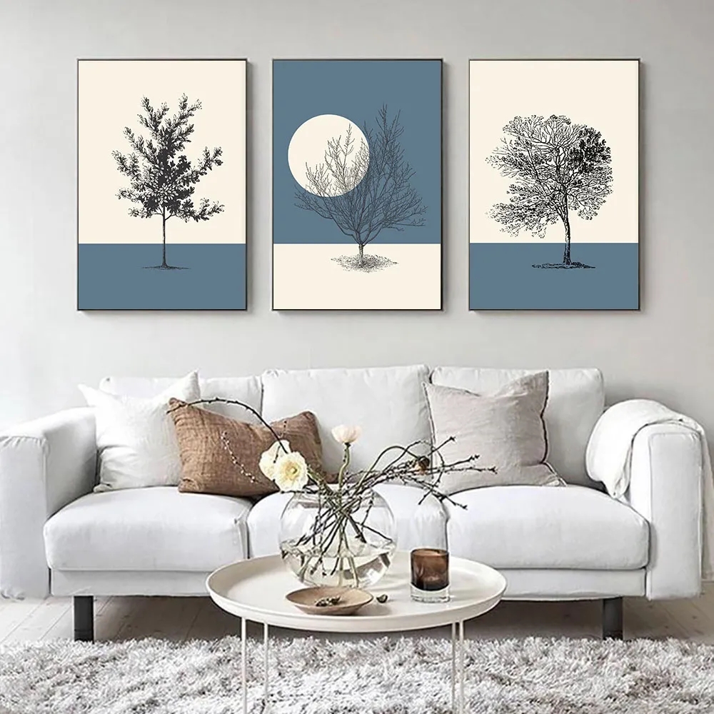 Skandynawskie drzewo na płótnie malowanie Księżycowe Beżowe niebieskie plakaty i druki Streszczenie plakaty dekoracyjne na ścianie do salonu Dekor Home Decor Art Picture Wo6