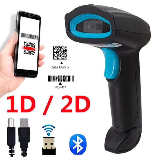 ESCANTERS 1D/2D Barcode Scanner Wired/Wireless/Bluetooth QR Code Reader para Sistema POS, PDF417 Escáner de escritorio para Warehouse Inventory Shop