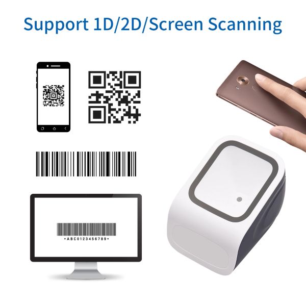 Escáneres 1D 2D QR Desktop Barcode Plataforma de escáner Manos Free Wired Código de barras USB Lector de lector de lector Compatible con Window Android