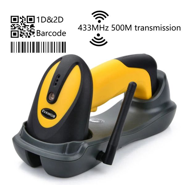 Scanners 500m de long de la distance de transmission Bargode Bar Scanner de couleur jaune Couleur sans fil QR pour entrepôt 433 MHz lecteur de code à barres avec support