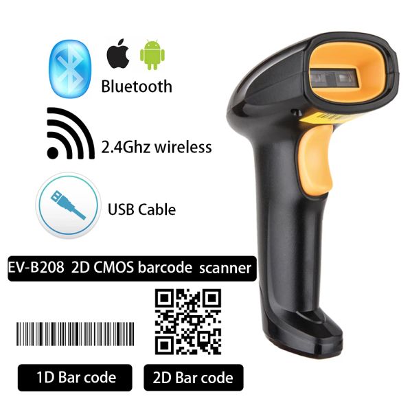 Scanners EVAWGIB EVW208 Scanner de code-barres 2D sans fil EVB208 1D / 2D Bluetooth QR Barcode Reader EVDA5 2,4 GHz Reader QR sans fil 2,4 GHz