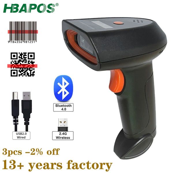 Scanners HBAPOS 2D Wireless Barcode Scanner Bluetooth 1D CMOS QR Code du lecteur de batterie Indicateur de batterie Rappel vocale Polvaleur 3 en 1