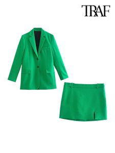 Scanning Traf-Chaqueta larga verde con una hilera de botones para Mujer, minifalda de cintura alta con abertura frontal Vintage, conjuntos para Mujer