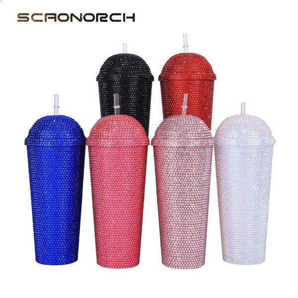 SCAONORCH Tasse à café en strass de grande capacité Tasses Gobelet en plastique à double paroi avec couvercle avec paille Bling Diamand Bouteille d'eau 240327