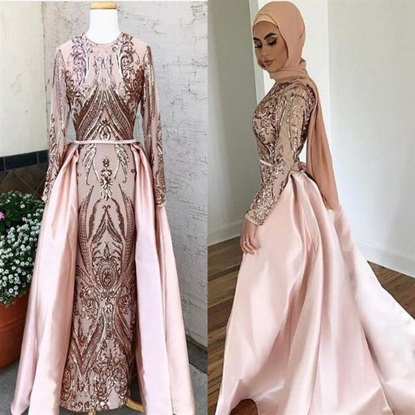 Scarlett Rose Gold Blush Sirène Soirée Robes De Soirée Avec Manches Longues 2019 Jewel Cou Musulman Dubaï Arabe Occasion Bal Plus Si281v