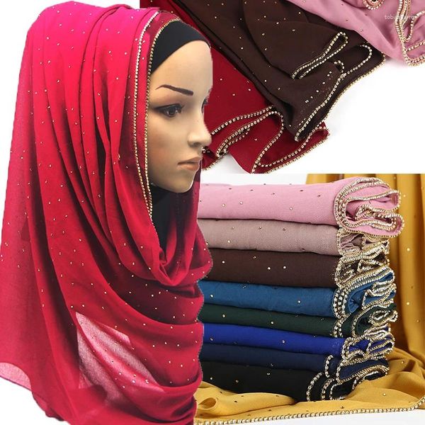 Bufandas 1 pieza Sólido Hijab Bufanda Cadena de oro Musulmán Llanura Burbuja Gasa Cristal Envolturas Chales Moda Diadema Larga