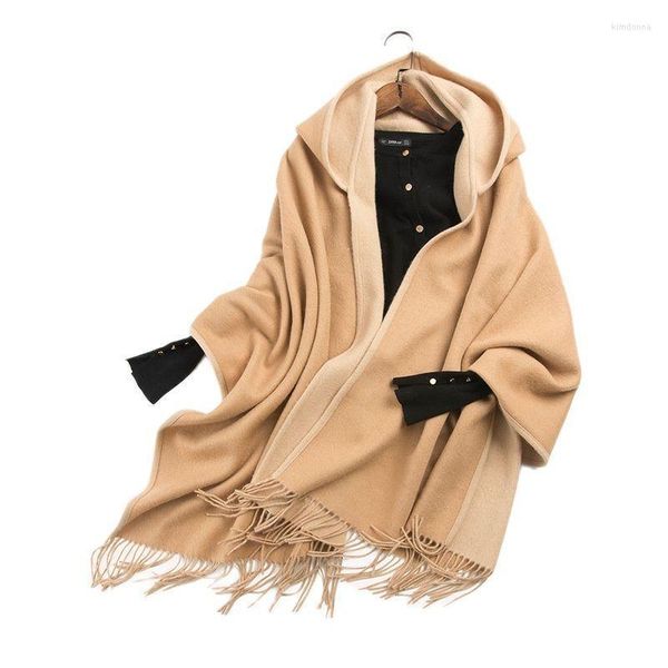 Foulards % 100 Pure Laine Double Face Cape Avec Capuche Couleur Unie Automne Hiver Chaud Écharpe Manteau De Mode À Capuche Femmes 2023Scarves Kimd22