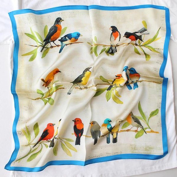 Foulards 100 véritable bandeau de soie foulard femmes designer oiseaux imprimer foulard dames robe de travail cravate carré bandana foulard SD0051