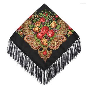 Foulards 115 115cm Russe National Square Foulard Femmes Luxe Floral Imprimer Ukrainien Frangé Châle Babushka Mouchoir Head Wraps