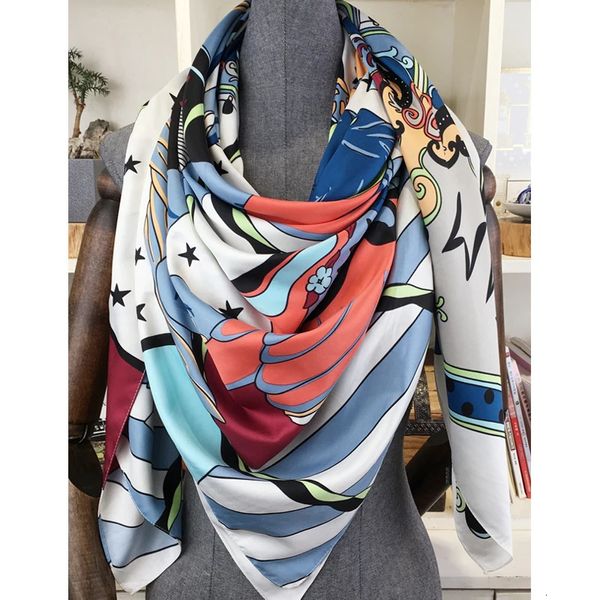 Foulards 130*130 cm marque de luxe imprimé dessin animé carré écharpe sergé foulard de soie foulard foulards pour dames femmes mode châles Echarpe 231213