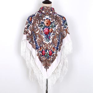 Sjaals 130*130cm Russische nationale grote vierkante sjaal voor vrouwen katoen etnische stijl print hoofd sjaals dames retro franjes dekensjaal 230817