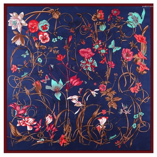 Bufandas 130 cm Bufanda de seda Mujer Planta Patrón de flores Estampado Estolas Envolturas cuadradas Bandana grande Pañuelo Hijabs Foulards femeninos