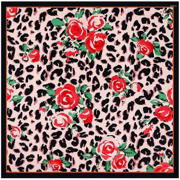 Bufandas 130 cm Sarga Seda Bufanda Leopardo Rosa Flor Diseño Cuadrado Pañuelo Mujer Cuello Mantón Envolturas Echarpe