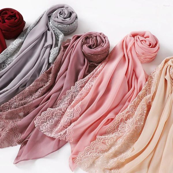 Bufandas 170 cm 70 cm perla gasa borde de encaje diadema para mujeres pañuelo musulmán bufanda chal hijab turbante moda elegante regalo versátil