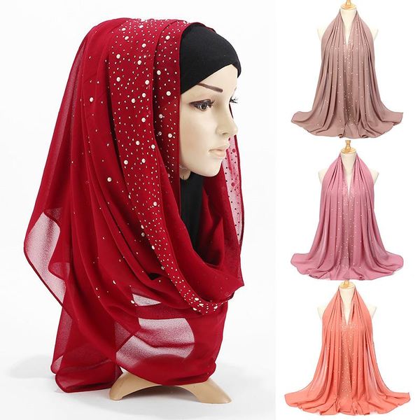 Foulards 175cm Femmes Mousseline de soie Longue broderie musulmane Perle Hijab Arabe Wrap Châle Chapeaux Inde Femme Foulard En Gros