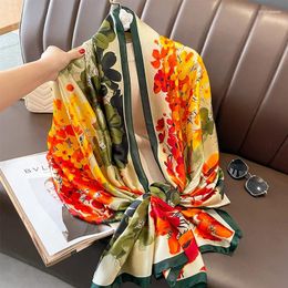 Sjaals 180 90cm luxe merkstijl herfst winterbloem hoofdtColh dames mode zijden print sjaal dames strand sjaal foulard