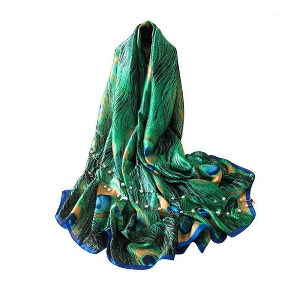 Foulards 180cm Vert Paon Plume Soie Châle Écharpe Espagne Wrap Caps Bandanas Hijab Marque Arrval Luxe Plage Animal Belle Fou O4H8