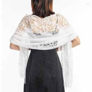 Sjaals 185x63cm Dames Sjaal Wraps Hol Gehaakte Bloemen Kant Omzoomde Kwasten Bruiloft Cape Vintage Avondfeest Witte Sjaal