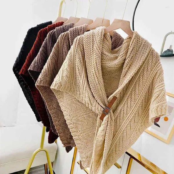 Foulards 1pc automne et hiver chaud tricot châle avec boucle en cuir couleur unie enveloppes épaissies femmes poncho capes