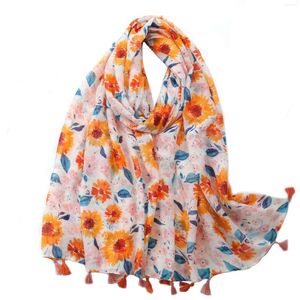 Sjaals 2023 Mooie ombre zonnebloem afdrukken Tassel sjaals sjaals lange zachte bloemenkop wrap hijab