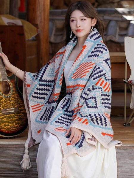 Foulards 2023 tricoté élégant femmes écharpe hiver Vintage Plaid Poncho femme Wrap couverture Capas Para Mujer Chales Pashmina châle Boho