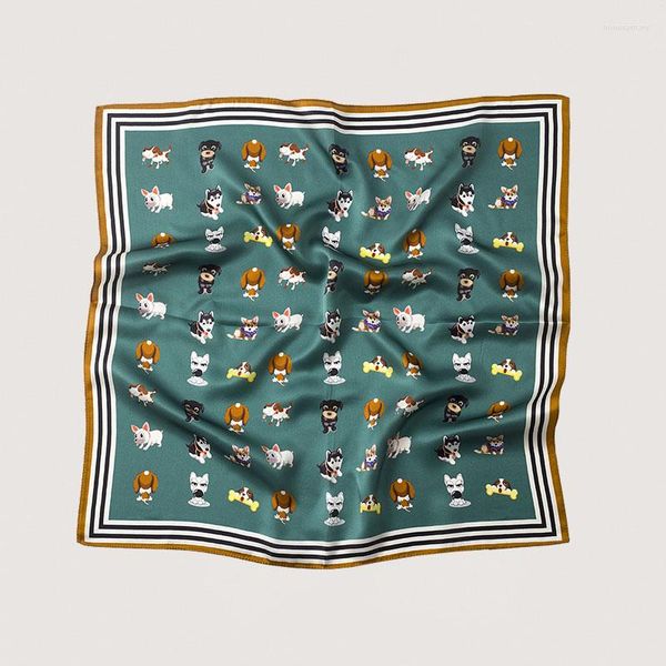 Bufandas 2023 de lujo de seda pura bufanda cuadrada de moda para mujer con estampado de dibujos animados perro lazo para el pelo Bandanas mujeres Hijab 53 53Cm