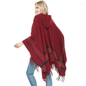 Bufandas 2023 Poncho de lana de invierno para mujer, chales de Cachemira, Ponchos a rayas Vintage, suéter de punto cálido con borlas a cuadros