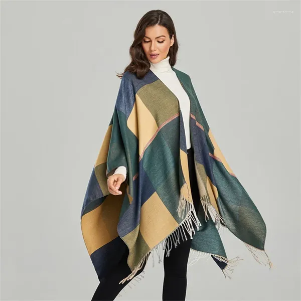 Bufandas 2023 Mujeres Cashmere Fringed Plaid Slit Shawl Poncho Moda Versátil Invierno Espesar Bufanda Cálida Cape Pashmina Manta