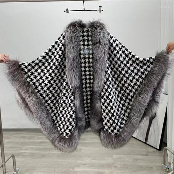 Foulards 2023 femmes manteau de fourrure Poncho laine chaud mode pied de poule Cape avec garniture luxe réel argent Cape