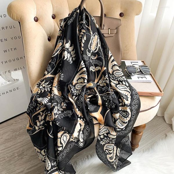 Bufandas 2023 bufanda de seda de moda de verano para mujer chales y chales florales de anacardo negro Bandana Pashminas señora Hijab Foulard diadema 180 90Cm