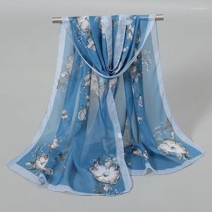 Foulards 2024 Espagne Mode Blanc Pure Floral Soie En Mousseline De Soie Châle Écharpe Lady Imprimer Mince Doux Été Beach-up Wrap Foulards Sjaal 150 50Cm