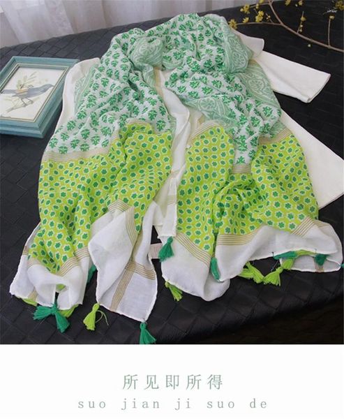 Foulards 2024 printemps et automne mode coton femmes fleurs vertes fraîches montrent des châles suspendus blancs