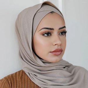 Sjaals 2 stks/set geribbelde trui hijab met kruis onder de kap vaste streep sjaalcap voor vrouwen moslim sjaalhoed set mode
