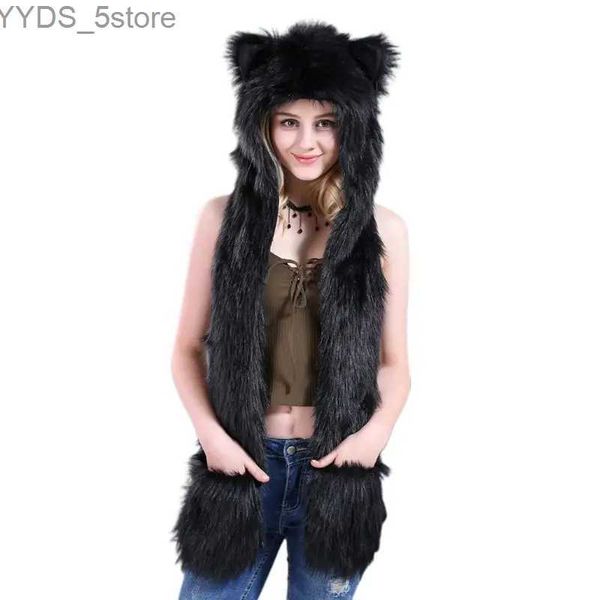 Foulards 3 en 1 Femmes Hommes Fluffy Peluche Animal Loup Léopard Capuchon Écharpe Chapeau avec PS Mitaines Gants Épaissir Hiver Chaud Earflap Bomber Cap YQ231114