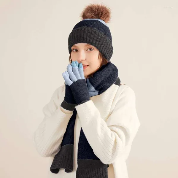 Bufandas 3 unids tejer lana sombrero bufanda guantes conjunto contraste color anillo peludo guantes conjuntos invierno cuello cálido chal