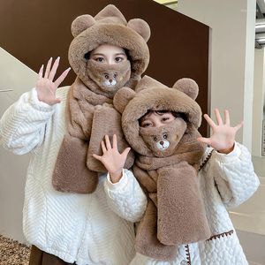 Foulards 4 en 1 mignon ours oreille chaud épaissir chapeau écharpe gants masque ensemble à capuche femmes bonnets décontracté en peluche casquettes solide polaire fille Kawaii Pres