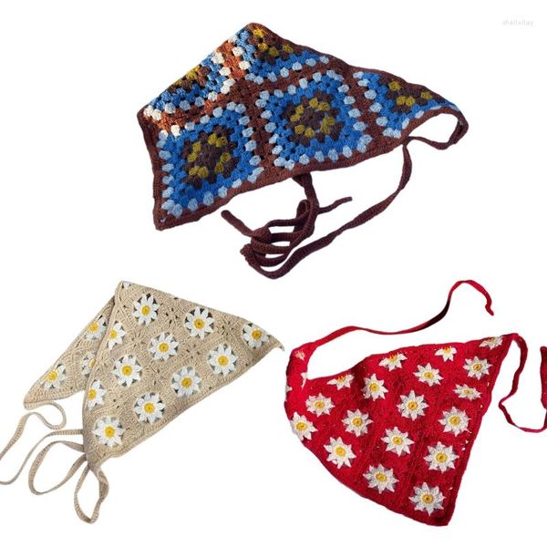 Sciarpe 449B Donna Bandana colorata all'uncinetto Fazzoletto a testa in maglia Modello carino Turbante Cravatta sul retro Triangolo Avvolgere Capelli adorabili