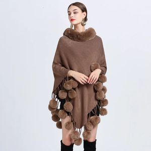 Sjaals 5 kleuren losse poncho bodem pompon cape winter warm nep konijnenbont hals mantel uit straat trui sjaal streetwear 231204