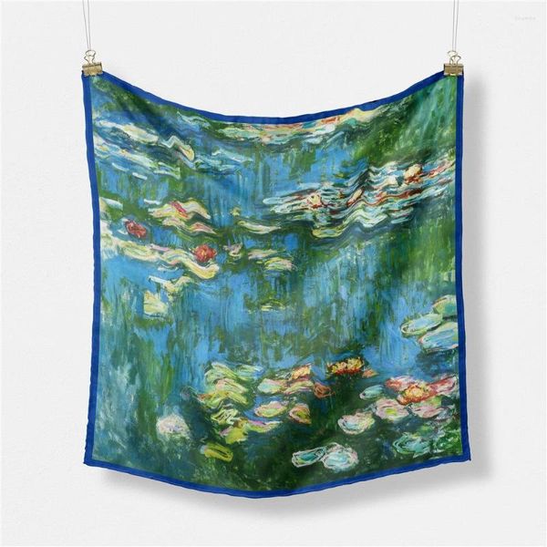 Bufandas 53 cm Monet pintura al óleo lirios de agua en el estanque bufanda de seda mujeres chales cuadrados foulard bandana pelo