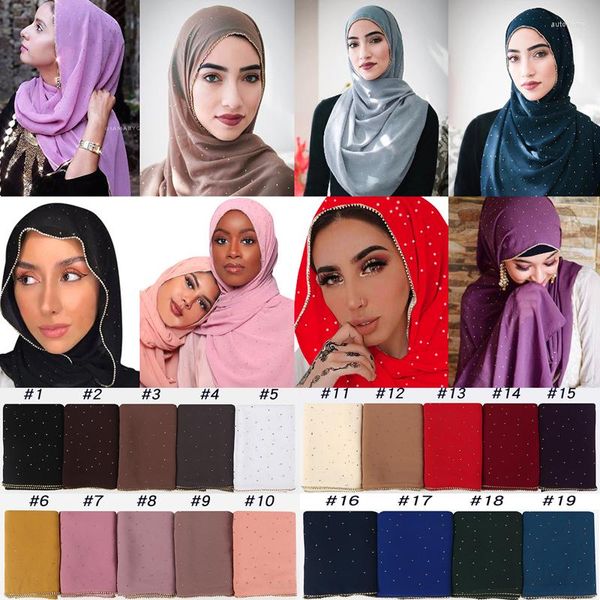 Foulards 70 180CM femmes musulman en mousseline de soie Hijab écharpe châle/mode perle diamant foulard printemps été longues dames islamique Hijabs
