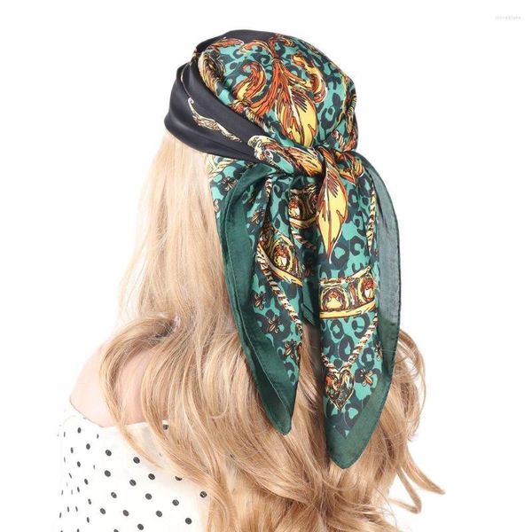 Foulards 70CM Carré Foulard En Soie Turban Bandeau Accessoires De Cheveux Pour Femmes Vert Fleur Imprimé Ruban Bandeau Arc Corde Tête Foulard